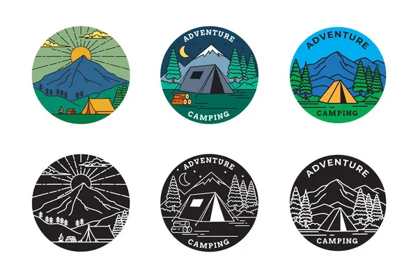 Renkli modern sanat ve siluetlerle resmedilmiş bir grup kamp macera ikonu..