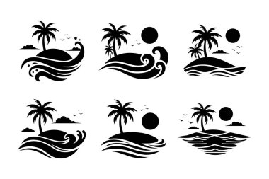 Siyah ve beyaz vektör tropikal ada manzarası