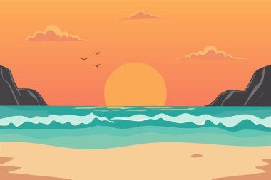 Dalgalar ve kumlu plajlarla okyanusun üzerinde stilize günbatımı