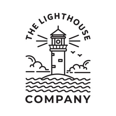 Dalgalar ve kuş logosuyla minimalist deniz feneri çizimi