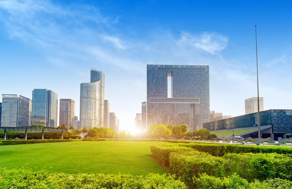 Edificios Gran Altura Cerca Del Césped Hangzhou China — Foto de Stock