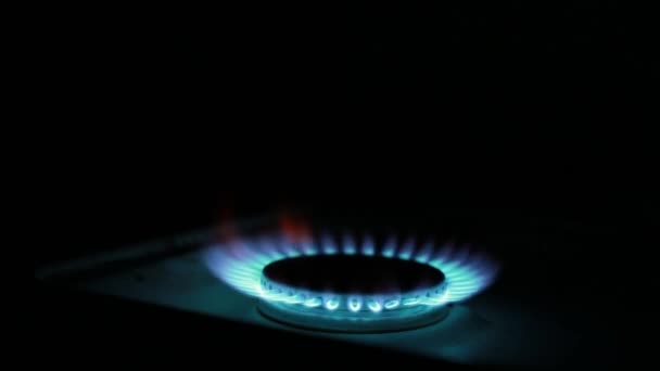 El quemador de gas arde con la llama azul de una estufa de propano butano  en una cocina casera o restaurante