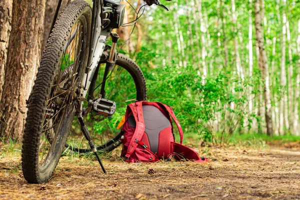 Una Mochila Senderismo Tumbada Junto Una Bicicleta Suelo Sendero Forestal — Foto de Stock