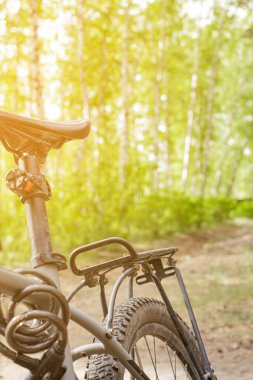 Bulanık orman arkaplanı, ön ve arka plan bokeh etkisi ile bulanık motorun yakın plan detayları