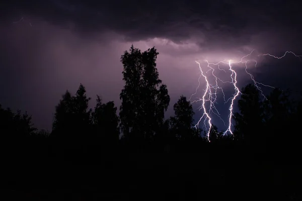 在夜晚的雷雨中 森林中的美丽闪电引起了一场大火 在乌黑的天空中伴随着雨 免版税图库图片