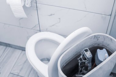 seramik eski beyaz tuvalet sifonu çekerken arka plan bokeh etkisi ile bulanıklaşır