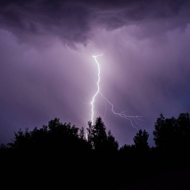 Gece gök gürültülü bir fırtınada, karanlık gökyüzüne karşı, bir yangına neden olan bir ormanda, yağmurlu bir fırtınada güzel bir yıldırım.