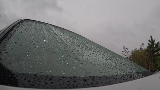 雨滴と車のワイパーを通過するとクローズアップフロントガラス 屋外の雨の夏の日に閉鎖ガラス — ストック動画