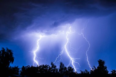 Gece gök gürültülü bir fırtınada, karanlık gökyüzüne karşı, bir yangına neden olan bir ormanda, yağmurlu bir fırtınada güzel bir yıldırım.