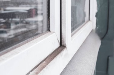 Lastik eldivenli bir kadın kalıbı işaret ediyor. Kir ve küften yapılmış plastik pencere ve pencere pervazı. Islak pencerede mantar ve nem var. Mesaj için yer var. Sığ alan derinliği.