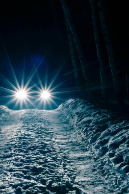 sports car with high beam on in a winter pine forest at night, front and background blurred with bokeh effect  clipart