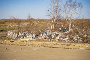 21. yüzyılda bir çevre felaketinin habercisi olarak tarlaya ve ağaçlara saçılmış bir yığın plastik poşet.