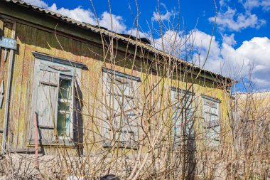 Tahta panjurlu ağaçlar ve çalılarla kaplı eski ahşap parçalanmış özel bir ev.