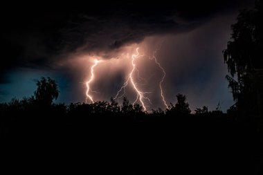 Gece gök gürültülü bir fırtınada, karanlık gökyüzüne karşı, bir yangına neden olan bir ormanda, yağmurlu bir fırtınada güzel bir yıldırım.