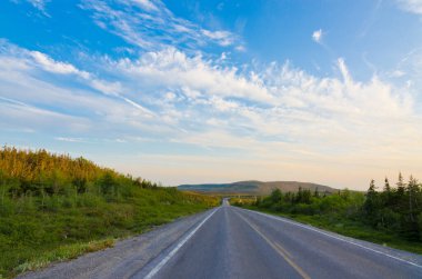 Road in the north of Newfoundland in the end of summer day.