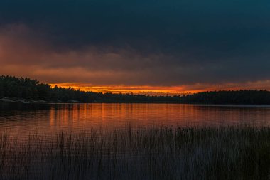 Grundy Lake Park, Kanada 'da orman gölü üzerinde gün batımı