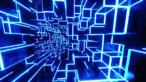 Volando Attraverso Tunnel Cubi Blu Neon Animazione Loop Infinito — Video Stock