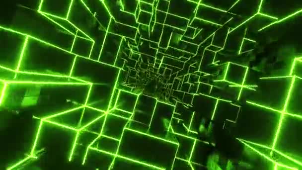 Voler Travers Tunnel Cubes Néon Vert Animation Boucle Infinie — Video