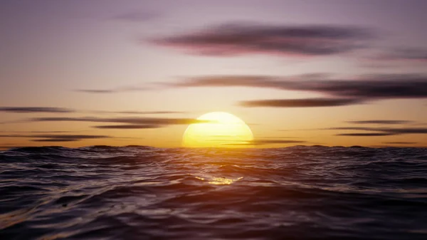 Big hot sun in the reflection of the sea over the horizon. 3D rendering illustration..