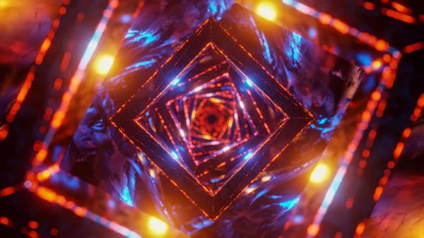 通过闪闪发光的立方体在一个未来派的隧道中飞行 3D渲染说明 — 图库照片