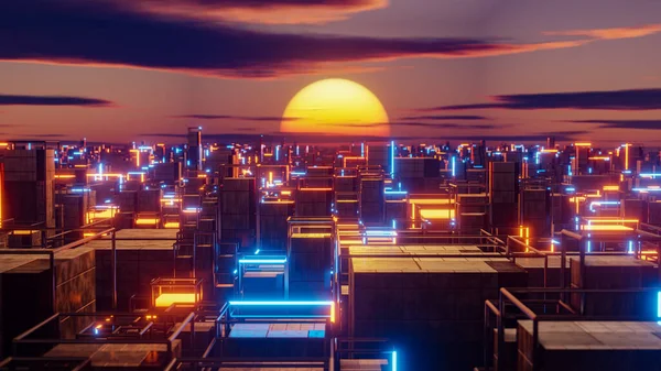 Яскраве Сонце Світить Містом Наповненим Високими Будівлями Ілюстрація Рендеринга — стокове фото