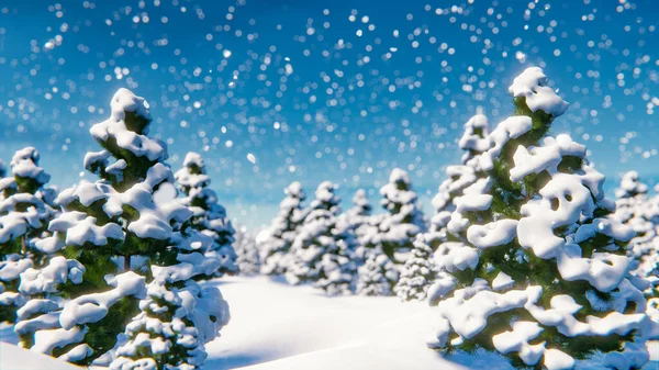 Promenad Den Snötäckta Skogen Mellan Julgranarna Ett Snöfall Rendering Illustration — Stockfoto