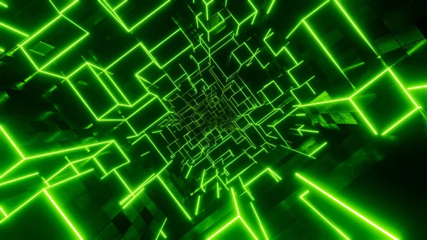 穿过一个绿色霓虹灯立方体的隧道 3D渲染说明 — 图库照片