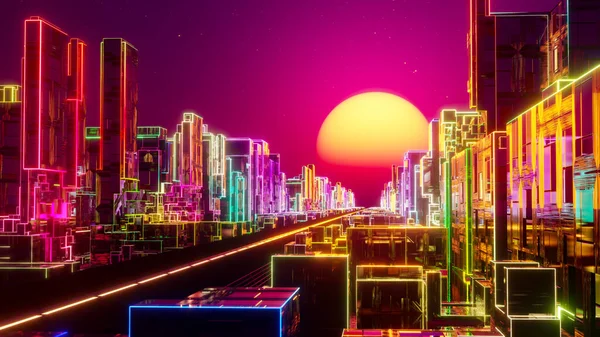 Flying over the neon city at sunset. 3D rendering illustration.