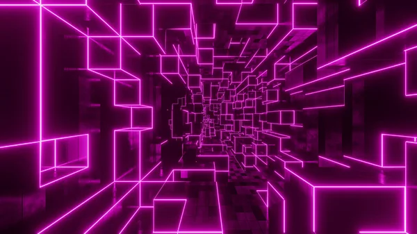 穿过红色霓虹灯立方体的隧道 3D渲染说明 — 图库照片