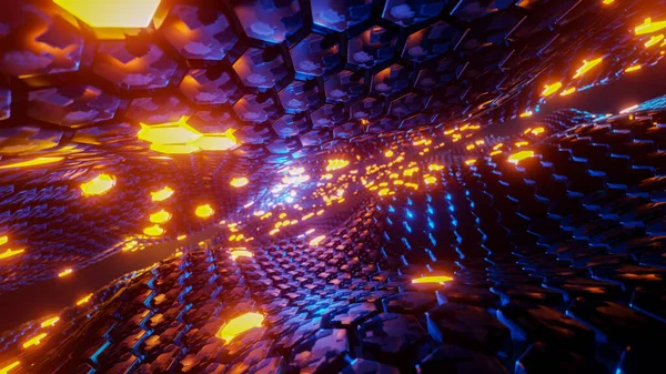Flying through a tunnel with waves and neon light. 3D rendering illustration..