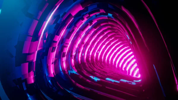 用红色的光芒在蓝色的隧道里飞行 3D渲染说明 — 图库照片