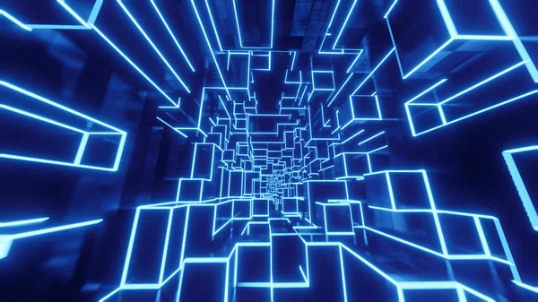 Flying through a tunnel of blue neon cubes. 3D rendering illustration.