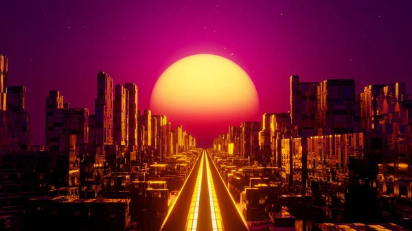 Літати Над Містом Під Час Заходу Сонця Ілюстрація Рендеринга — стокове фото