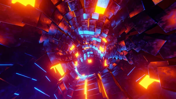 Пролітає Через Тунель Блакитних Помаранчевих Металевих Кубиків Ілюстрація Рендеринга — стокове фото