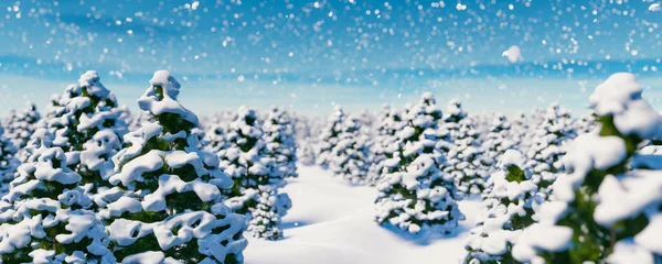 下雪天 在覆盖着积雪的森林里 在圣诞树之间散步 3D渲染说明 — 图库照片