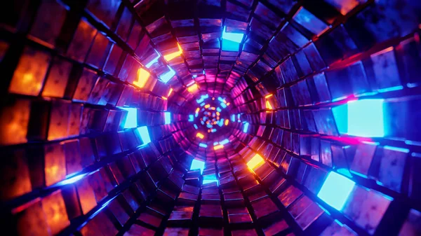 stock image Flying in a tunnel with glowing cubes. 3D rendering illustration..