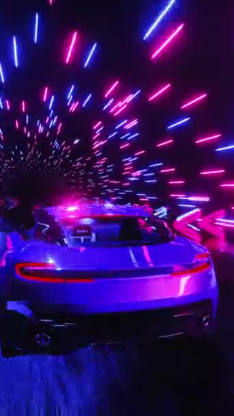 Een Sportauto Rent Door Een Neontunnel Met Richtingaanwijzers Verticale Lussen — Stockvideo