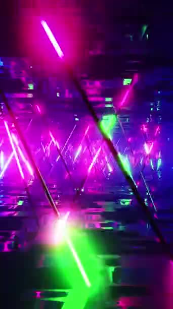 Lecąc Korytarzem Wielobarwnymi Światłami Fluorescencyjnymi Wideo Pętli Pionowej — Wideo stockowe
