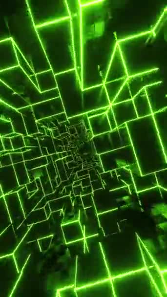 Yeşil Neon Küplerden Oluşan Bir Tünelde Uçuyorlar Dikey Döngü Videosu — Stok video