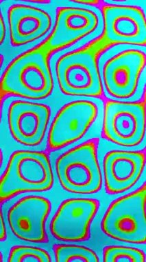 Çemberler ve noktalar parlak renklerde olan soyut sanat tarzı resim. Dikey döngü videosu