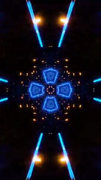 青い蛍光灯が点滅するトンネルを飛んで 万華鏡垂直ループビデオ — ストック動画