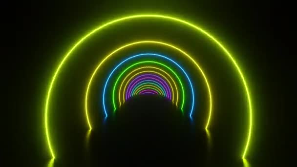 Flyger Genom Tunnel Färgglada Neonringar Drift Loopar — Stockvideo