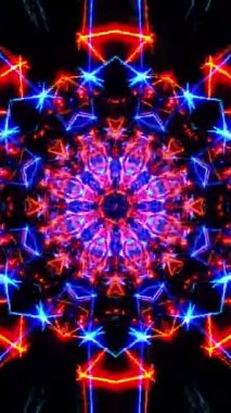 Flying through a neon tunnel with rings. Kaleidoscope VJ loop.