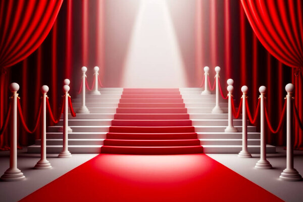 Red carpeted staircase leading to stage with red curtains and red carpet.