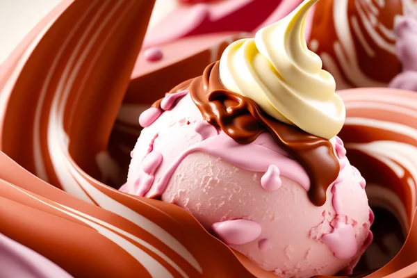 Stock image Close up of pink ice cream with chocolate swirl on top.