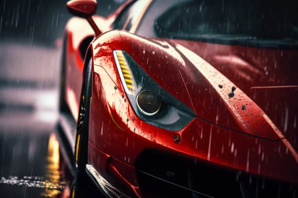 Röd Sportbil Parkerad Vid Sidan Vägen Regnet — Stockfoto