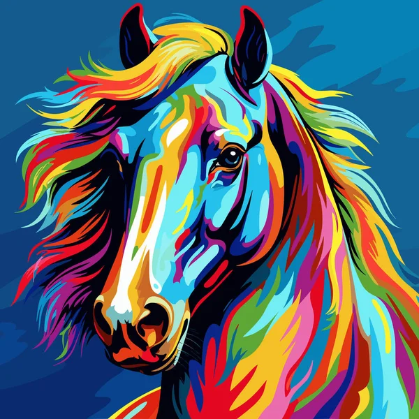 Ζωγραφική Του Αλόγου Πολύχρωμα Μαλλιά Μπλε Φόντο — Διανυσματικό Αρχείο