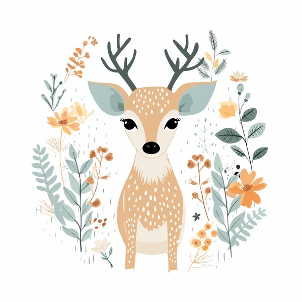 Cute Deer Surrounded Flowers Leaves White Background — Stock Vector