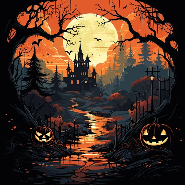 Halloween Szene Mit Kürbissen Und Burg Mit Vollmond Hintergrund — Stockvektor