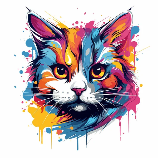 Rosto Gato Colorido Mostrado Com Respingos Tinta Nele —  Vetores de Stock